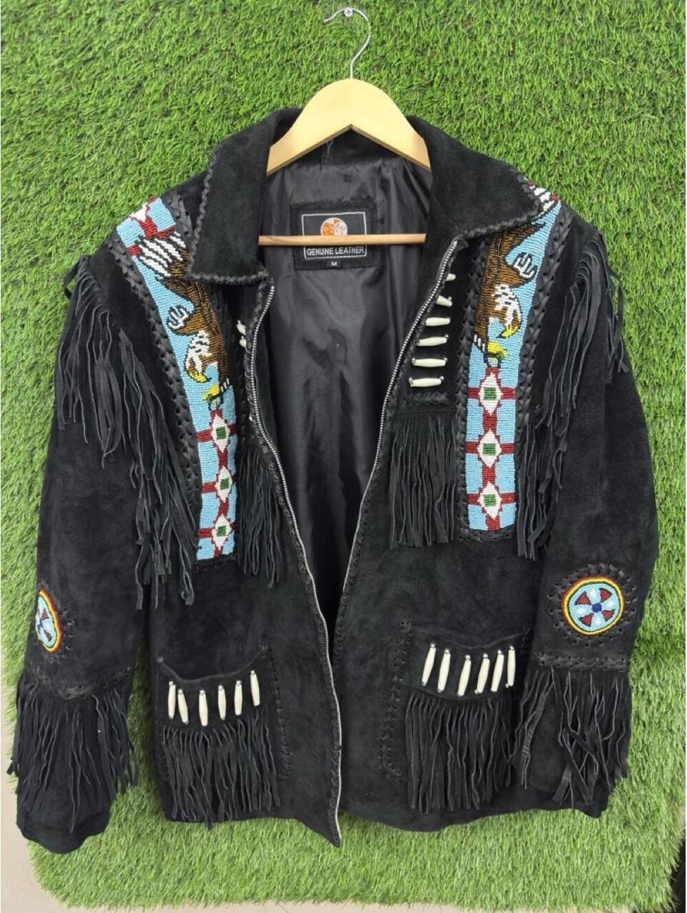 Black Suede Leather Fringe Beaded Western Jacket